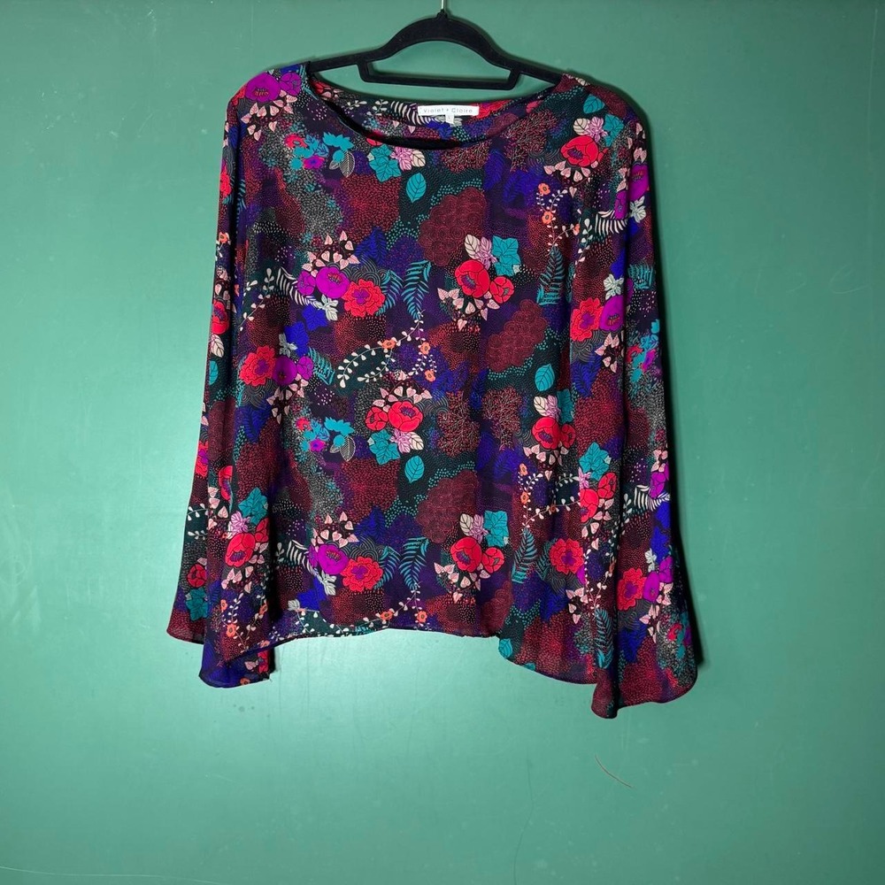 Violet + Claire Sheer Floral Multi-Color Long Sleeve Top Large Purple